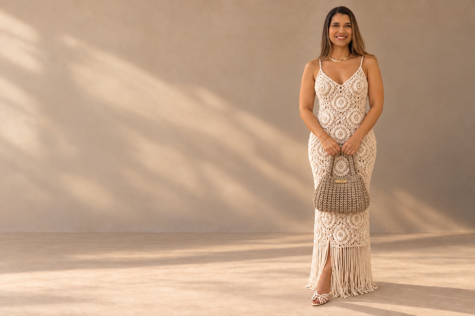 Modelo usando vestido de crochê e segurando a Bolsa Duna Mariah